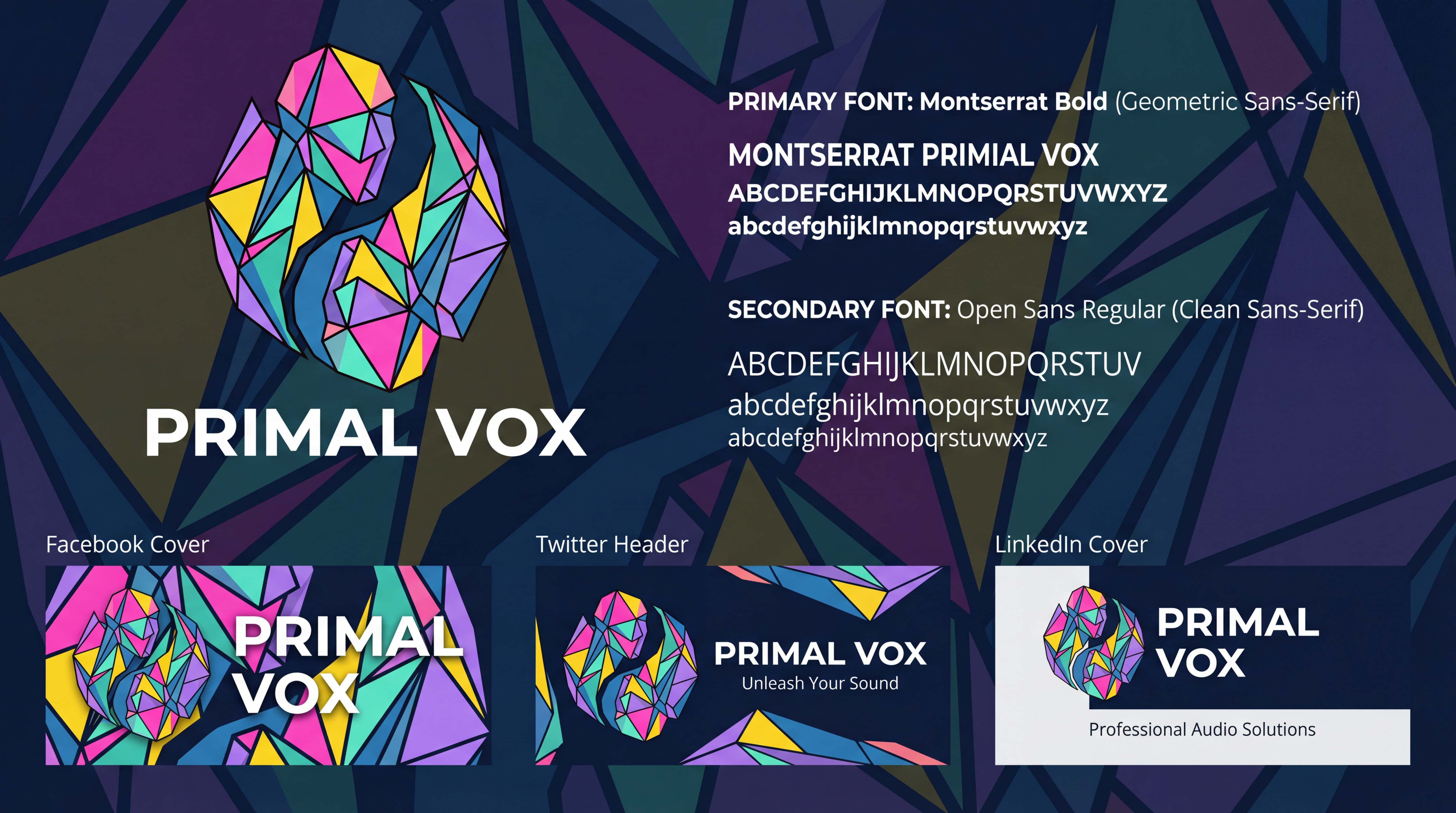 Primal Vox brand kit showing typography and social media assets